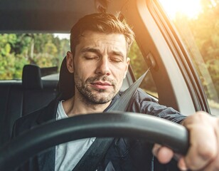 Man, eyes closed, driving a car with a worried expression, sunny day