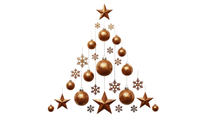 Elegant Christmas tree shape formed by copper ornaments and snowflakes, perfect for holiday marketing or festive season designs, evoking warmth and cheer