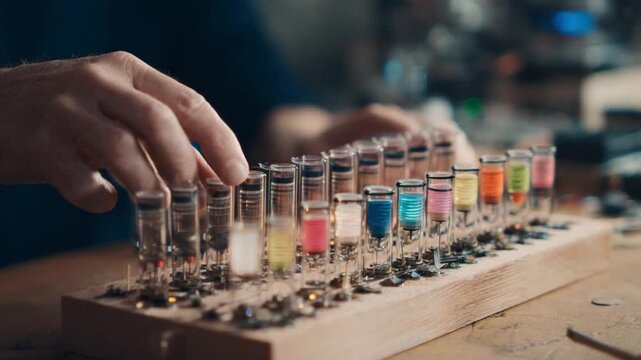 Chromatic Composition: A meticulous artist orchestrates a vibrant symphony of color by interacting with an array of carefully arranged, precisely filled vials.