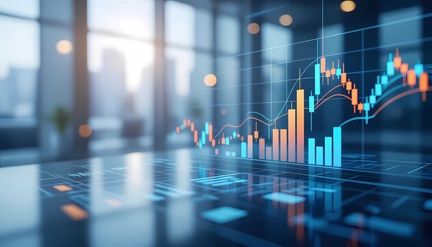 Abstract finance graph on a glass floor, symbolizing technology and investment success in the global economy at sunset