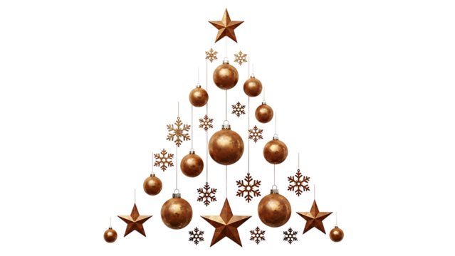 Elegant Christmas tree shape formed by copper ornaments and snowflakes, perfect for holiday marketing or festive season designs, evoking warmth and cheer