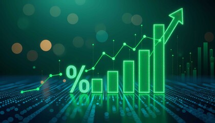 Digital financial graph with rising green bars highlighting successful profit investment analysis