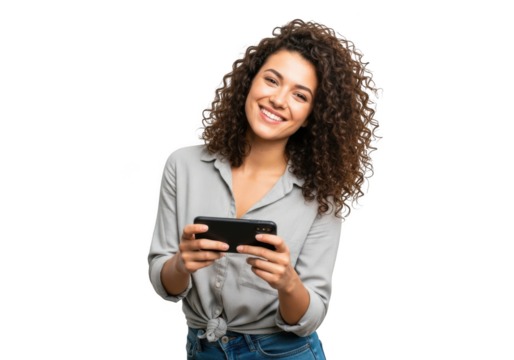 Young woman smiling while holding a smartphone isolated on transparent background - Powered by Adobe