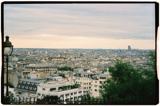 Panoramic analog view of Paris from the top of Montmartre Hill