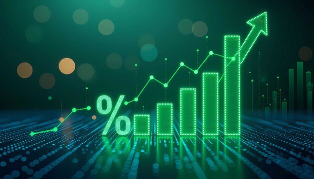 Digital financial graph with rising green bars highlighting successful profit investment analysis - Powered by Adobe