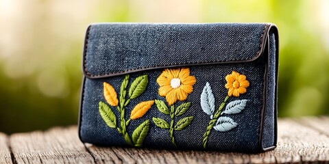 Upcycled Denim Clutch Bag with Floral Embroidery