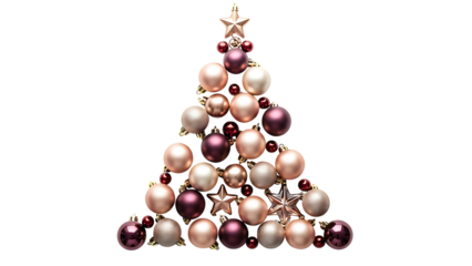 Elegant Christmas tree design made with rose gold, red, and plum ornaments and stars, perfect for festive holiday promotions and joyful seasonal campaigns
