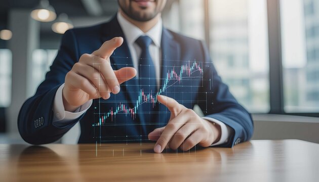 Digital finance growth graph. Professional businessman analyzing market investment strategy success