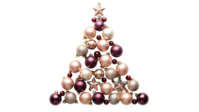 Elegant Christmas tree design made with rose gold, red, and plum ornaments and stars, perfect for festive holiday promotions and joyful seasonal campaigns