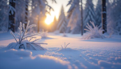 Cold winter forest glowing sunset with serene snowy landscape and frost