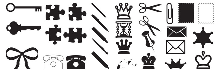 A collection of various black silhouette icons including keys puzzles and crowns