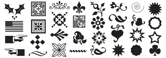 Collection of diverse black and white decorative design elements and patterns