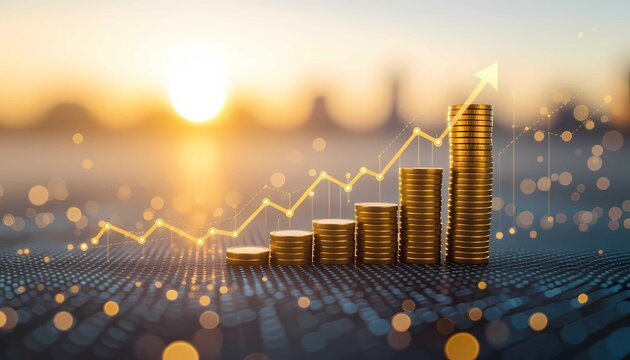 Success is built on rising coin stacks and an upward trend graph