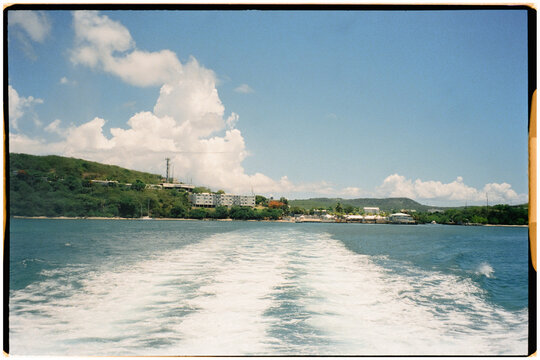 View of the foamy wake of a ferry leaving te Culebra Island