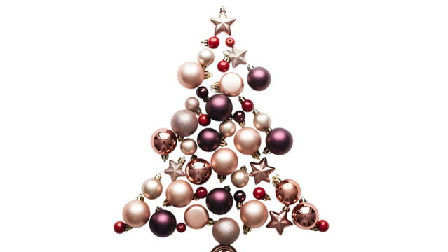 Elegant Christmas tree design with rose gold, burgundy, and ivory ornaments, perfect for stylish holiday marketing or festive seasonal promotions