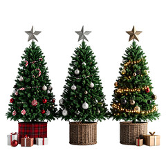 Christmas Tree Trio: The image presents three uniquely adorned Christmas trees. Each tree stands with a distinct set of ornaments, each radiates the spirit of the Christmas holiday.