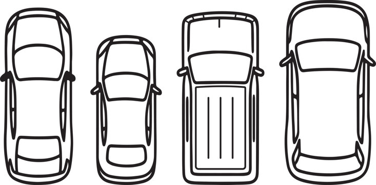 Fototapeta vehicles line art drawing top view icons set sedans, pickup truck, and suv vector Illustration