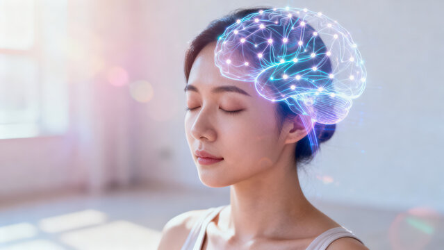 Calm meditation serene woman closed eyes neural network brain hologram soft light mindfulness wellness mental health tranquility merge peaceful