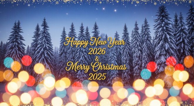 Festive snowy forest with bokeh lights and holiday greetings - Powered by Adobe