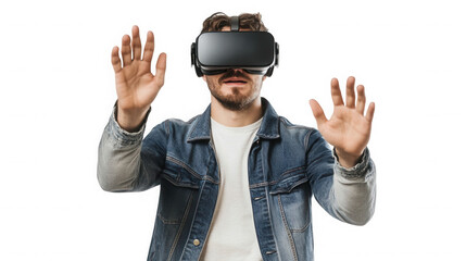 Man wearing a vr headset with his hands raised against  in a studio setting on transparent background