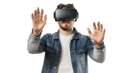 Man wearing a vr headset with his hands raised against  in a studio setting on transparent background