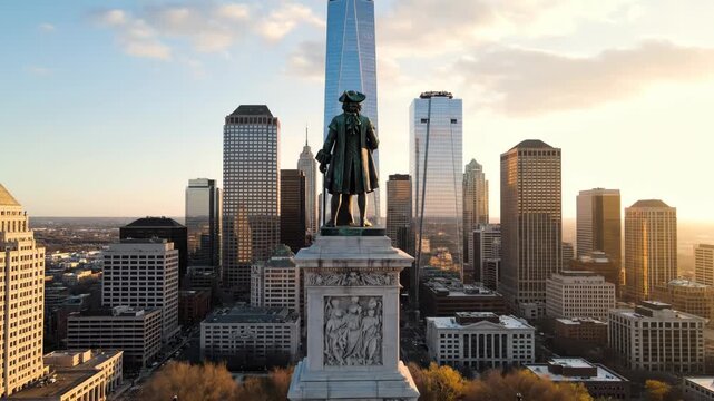 Aerial view of a bronze statue overlooking the modern downtown city skyline at sunset or sunrise vector illustration