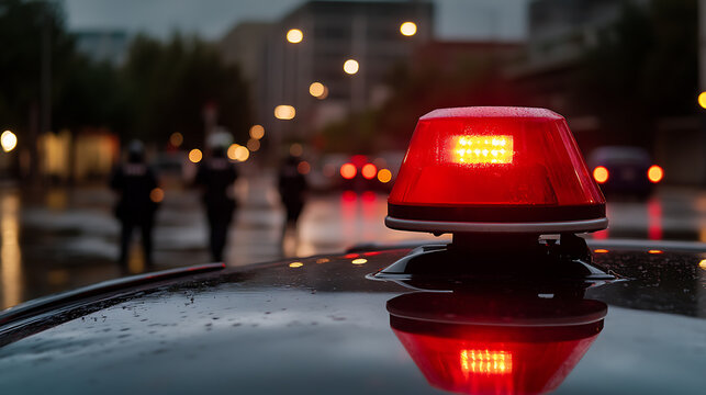 City street scene at night featuring a vehicle with a red flashing light, with people in uniform walking in the background, all under a rainy atmosphere and blurred bokeh lights. - Powered by Adobe