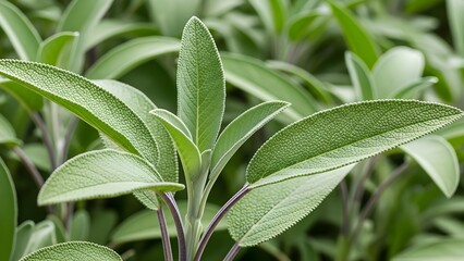 Organic clary sage foliage close-up, green botanical background