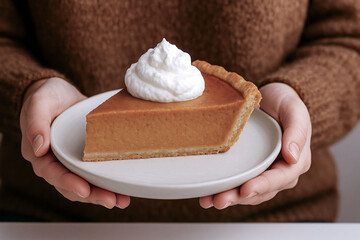 Woman holding a plate with a slice of pumpkin pie topped with whipped cream. Perfect dessert for Thanksgiving or autumn celebration.