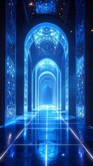 Futuristic, blue, glowing corridor with a reflective floor and arched ceilings