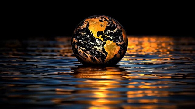 Glowing globe earth with water reflection at sunset in orange and black, rippled ocean horizon surreal fiery night scene, dramatic light