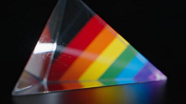 Detailed cinematic close-up shot of a triangular optical glass prism refracting a bright white light beam into vibrant chromatic rainbow colors slow motion, physics, dispersion