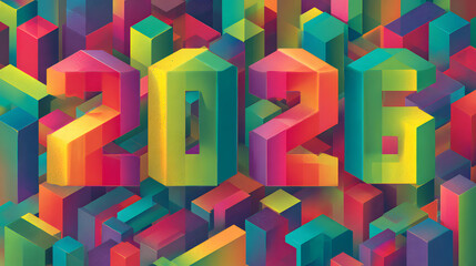 2026 Happy New Year isometric. Trendy bright neon gradients for 2026 new year holiday greetings and invitations. Vector illustration.