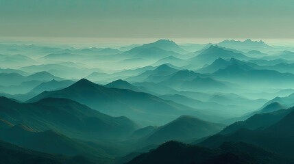 Obraz premium A misty mountain range beneath cloudy sky concept. Misty mountain range with soft blue and green hues.