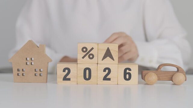 2026 New Year with percentage change to UP and Down arrow with car and Home model. Car loan, Interest rate, real estate, house, Insurance, Financial, Repair, Tax, mortgage and Maintenance