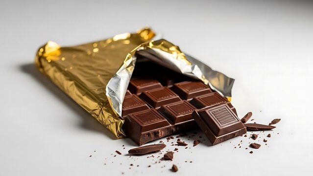 Unwrapped dark chocolate bar with golden foil packaging, revealing delicious segmented squares and scattered crumbs, a rich and sweet indulgence ready to be savored