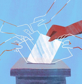 People vote by throwing a ballot paper with a vote into a box