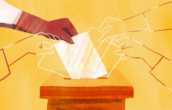 People vote by throwing a ballot paper with a vote into a box