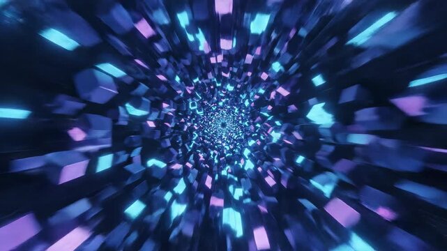 Digital oscillation of vibrant geometric shapes creating a pulsating, rhythmic tunnel effect in deep blue visualization, holographic, stream