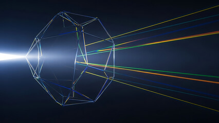 Abstract geometric crystal prism refracting light into colorful beams.