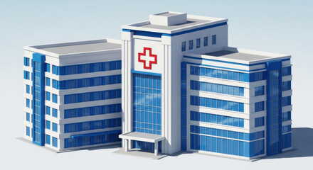 Modern hospital building with blue glass facade and red cross symbol