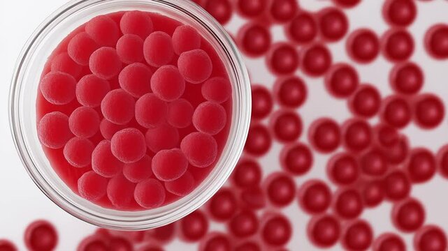 Red spherical beads glass container with scattered red spheres represent bio circular green bcg principles supporting sustainable bio economy growth