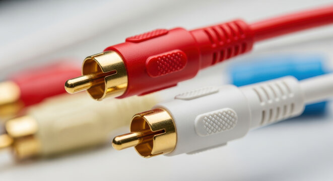 Close up of red and white rca audio cables with gold connectors