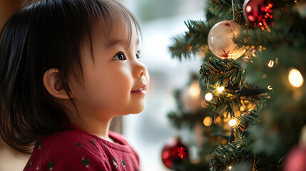 A young child is captured in a moment of wonder, gazing at the twinkling lights and decorative ornaments of a Christmas tree, her expression filled with joy and anticipation.