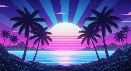 Fototapeta premium Retro sunset over tropical ocean with palm trees