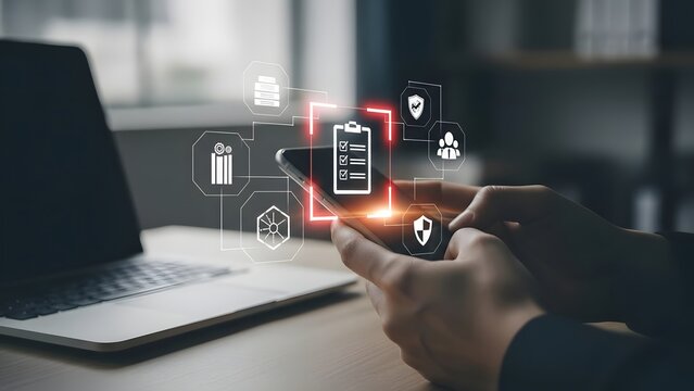 Person using smartphone with digital icons representing energy and technology - Powered by Adobe