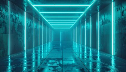 Futuristic hallway with teal neon lights and a concrete texture