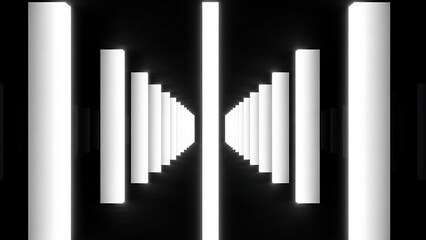 Obraz premium Geometric white pillars create a symmetrical perspective in a dark space.