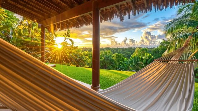 Tropical resort veranda hammock sunset palm rainforest lush relaxing vacation porch scenic view with warm golden light and peaceful mood