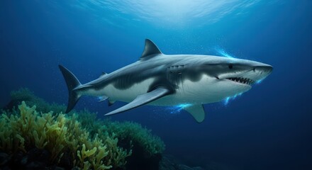 Majestic great white shark gliding through pristine blue ocean depths near coral reefs